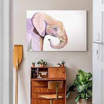 水彩画　(象) Amazon.com: Renditions Gallery 水彩大象壁掛藝術,日落野生動物